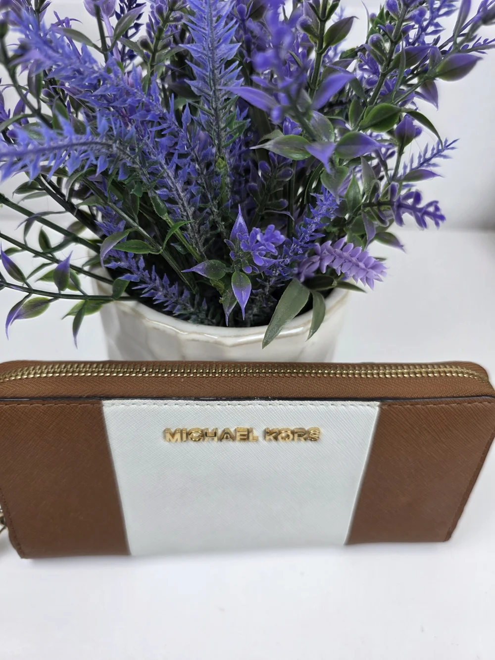 Michael Kors Brown and White Zip Wallet